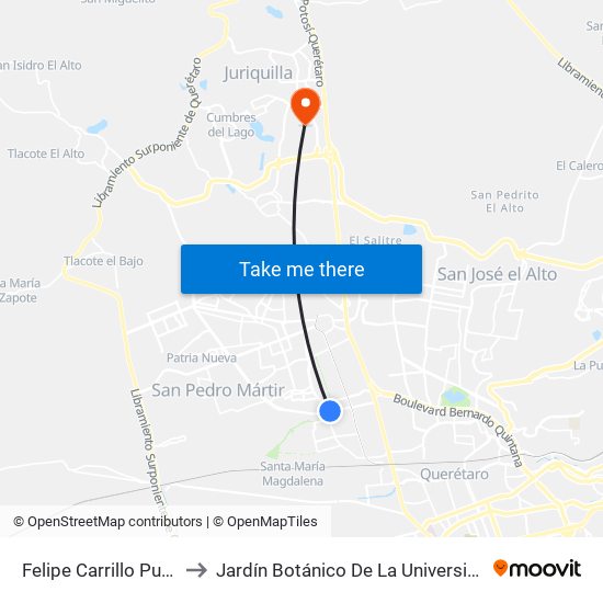 Felipe Carrillo Puerto Y Revolución to Jardín Botánico De La Universidad Autónoma De Querétaro map