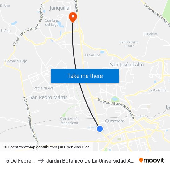 5 De Febrero Y Cea to Jardín Botánico De La Universidad Autónoma De Querétaro map