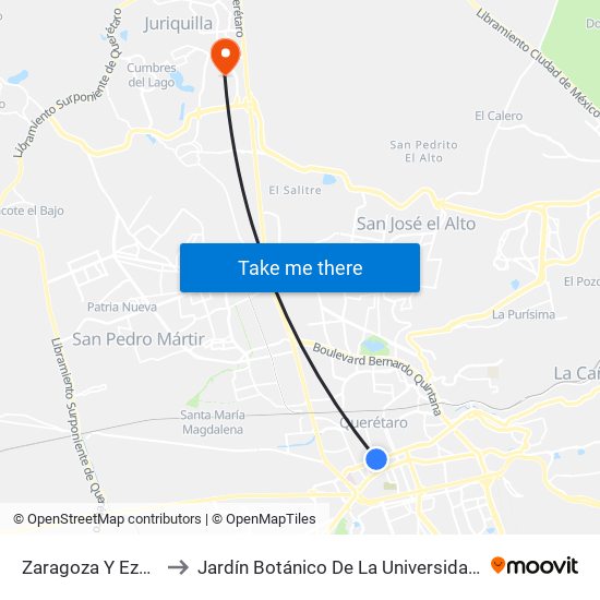 Zaragoza Y Ezequiel Montes to Jardín Botánico De La Universidad Autónoma De Querétaro map