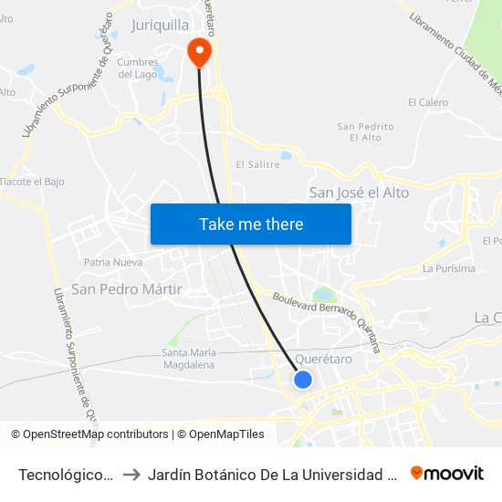 Tecnológico E Hidalgo to Jardín Botánico De La Universidad Autónoma De Querétaro map