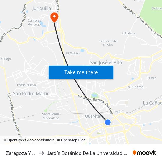 Zaragoza Y El Tanque to Jardín Botánico De La Universidad Autónoma De Querétaro map