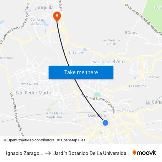 Ignacio Zaragoza Y Alameda to Jardín Botánico De La Universidad Autónoma De Querétaro map