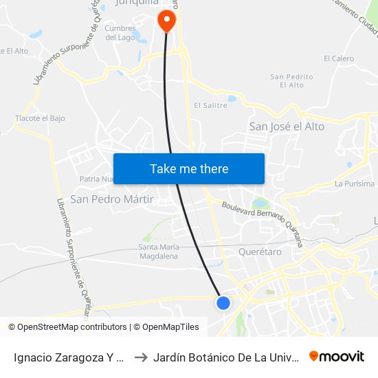 Ignacio Zaragoza Y Hacienda Chichimequillas to Jardín Botánico De La Universidad Autónoma De Querétaro map