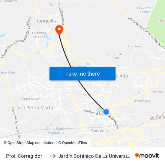 Prol. Corregidora Norte Y Morera to Jardín Botánico De La Universidad Autónoma De Querétaro map