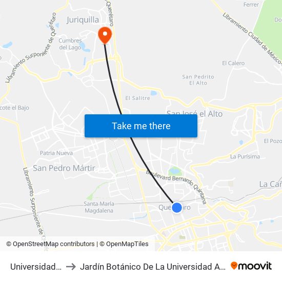 Universidad Y Juárez to Jardín Botánico De La Universidad Autónoma De Querétaro map