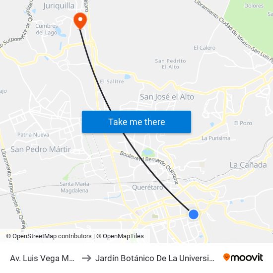 Av. Luis Vega Monrroy Y Estadio to Jardín Botánico De La Universidad Autónoma De Querétaro map