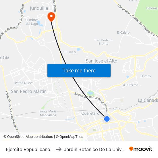 Ejercito Republicano Y Calzada De Los Arcos to Jardín Botánico De La Universidad Autónoma De Querétaro map