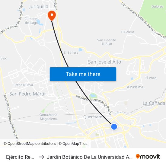 Ejército Republicano to Jardín Botánico De La Universidad Autónoma De Querétaro map