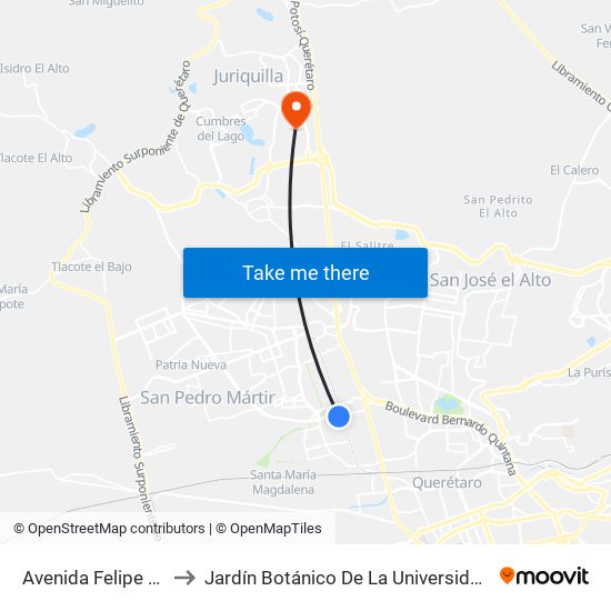 Avenida Felipe Carrillo Puerto to Jardín Botánico De La Universidad Autónoma De Querétaro map