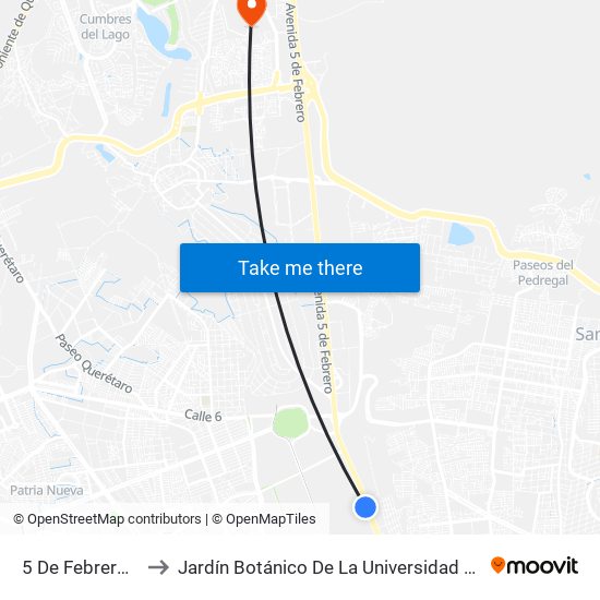 5 De Febrero Y Tremec to Jardín Botánico De La Universidad Autónoma De Querétaro map