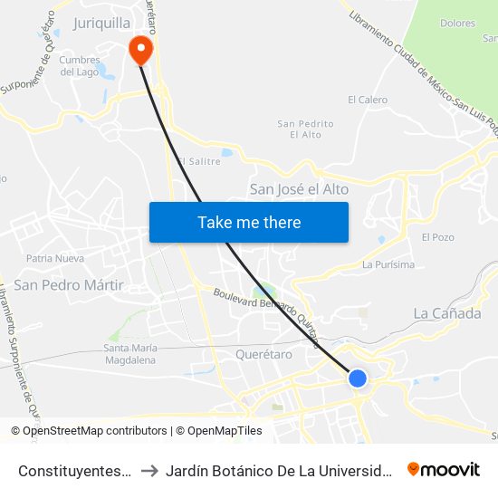 Constituyentes Y Monte Sinai to Jardín Botánico De La Universidad Autónoma De Querétaro map