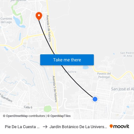 Pie De La Cuesta Y Calzada De Belen to Jardín Botánico De La Universidad Autónoma De Querétaro map