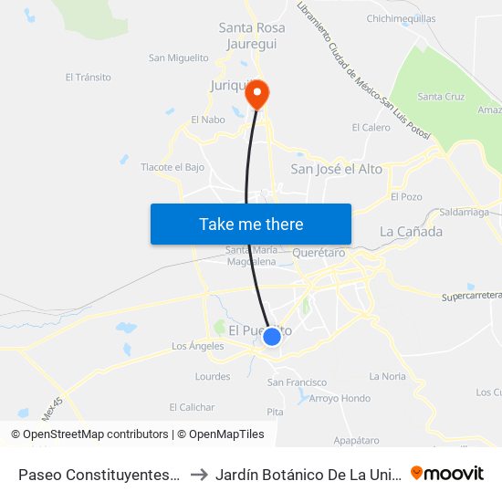 Paseo Constituyentes Y Josefa Ortiz De Dominguez to Jardín Botánico De La Universidad Autónoma De Querétaro map