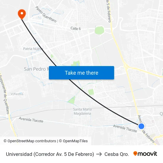 Universidad (Corredor Av. 5 De Febrero) to Cesba Qro. map