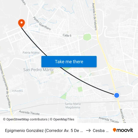 Epigmenio González (Corredor Av. 5 De Febrero) to Cesba Qro. map