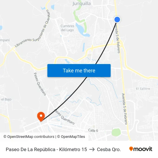 Paseo De La República - Kilómetro 15 to Cesba Qro. map