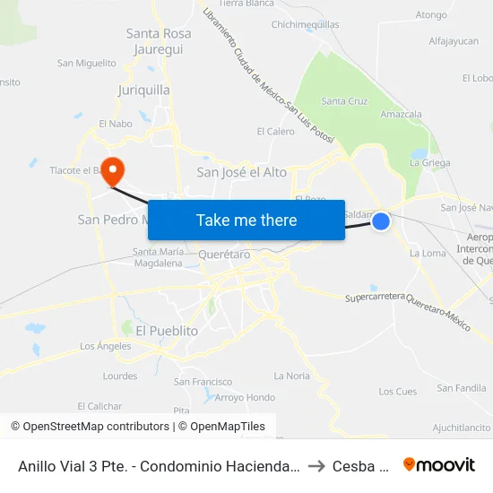 Anillo Vial 3 Pte. - Condominio Hacienda Miranda to Cesba Qro. map