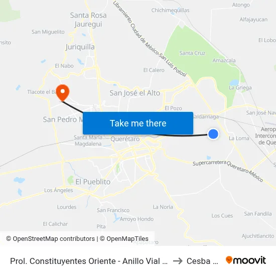 Prol. Constituyentes Oriente - Anillo Vial III Oriente to Cesba Qro. map