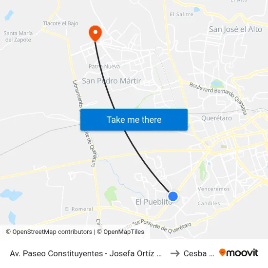 Av. Paseo Constituyentes - Josefa Ortíz De Domínguez to Cesba Qro. map