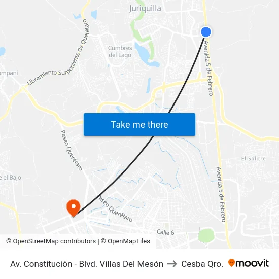 Av. Constitución - Blvd. Villas Del Mesón to Cesba Qro. map