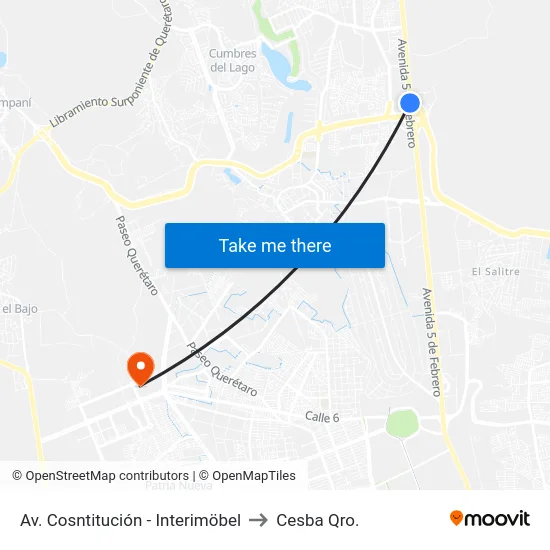 Av. Cosntitución - Interimöbel to Cesba Qro. map