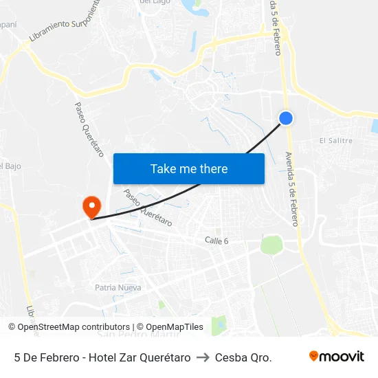 5 De Febrero - Hotel Zar Querétaro to Cesba Qro. map
