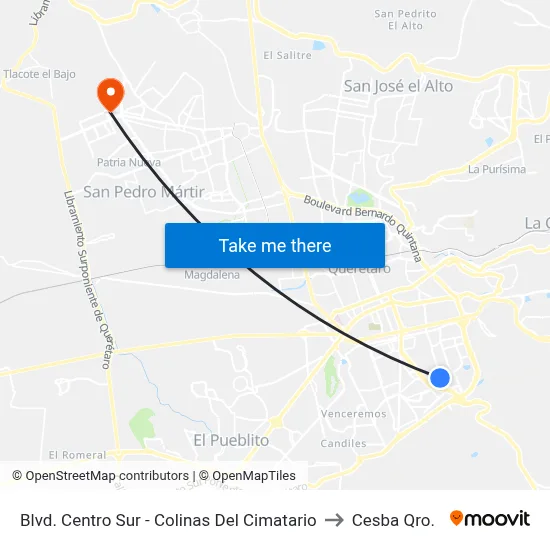 Blvd. Centro Sur - Colinas Del Cimatario to Cesba Qro. map