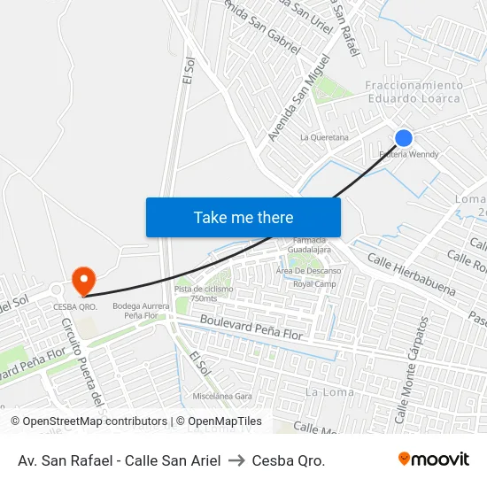 Av. San Rafael - Calle San Ariel to Cesba Qro. map