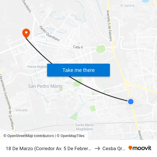 18 De Marzo (Corredor Av. 5 De Febrero) to Cesba Qro. map