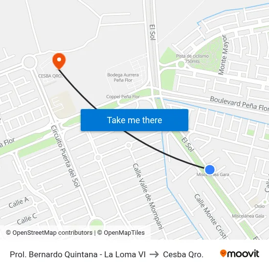 Prol. Bernardo Quintana - La Loma VI to Cesba Qro. map