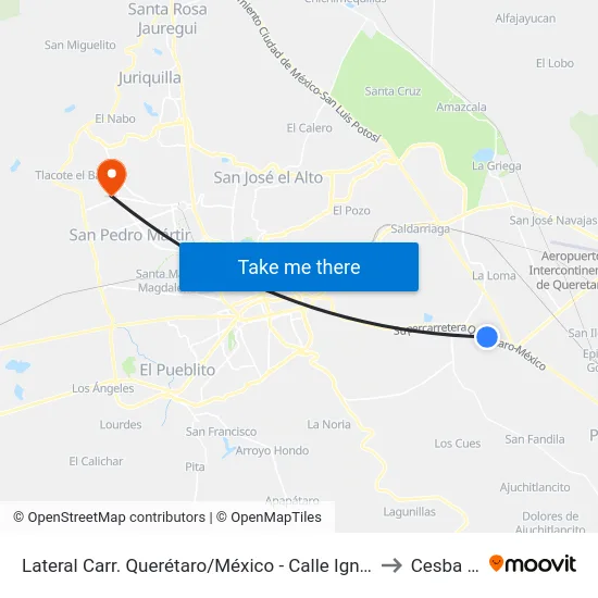 Lateral Carr. Querétaro/México - Calle Ignacio Zaragoza to Cesba Qro. map