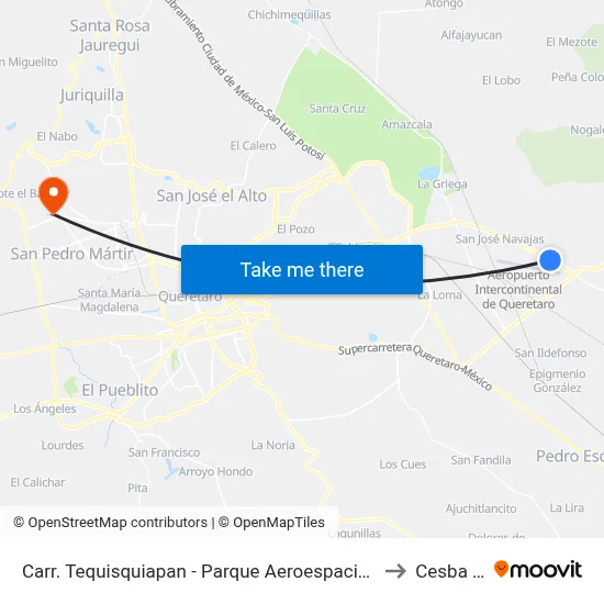 Carr. Tequisquiapan - Parque Aeroespacial De Querétaro to Cesba Qro. map