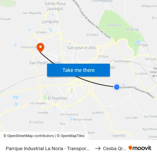 Parrque Industrial La Noria - Transpormex to Cesba Qro. map
