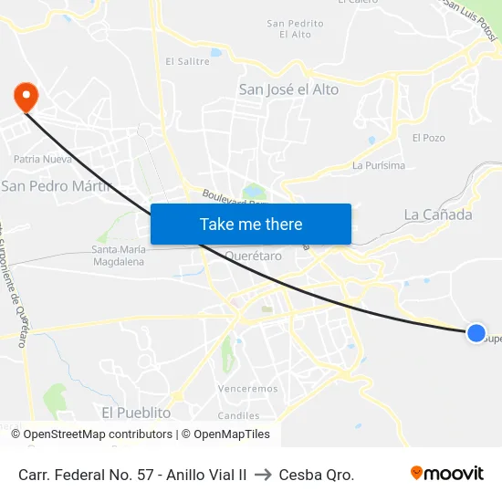 Carr. Federal No. 57 - Anillo Vial II to Cesba Qro. map