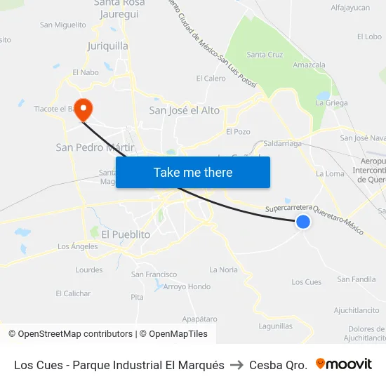 Los Cues - Parque Industrial El Marqués to Cesba Qro. map