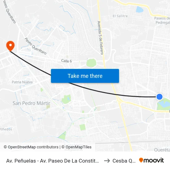 Av. Peñuelas - Av. Paseo De La Constitución to Cesba Qro. map