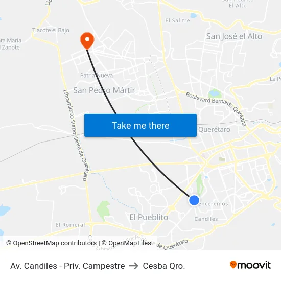 Av. Candiles - Priv. Campestre to Cesba Qro. map
