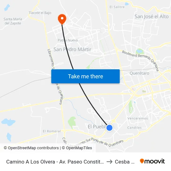 Camino A Los Olvera - Av. Paseo Constituyentes to Cesba Qro. map