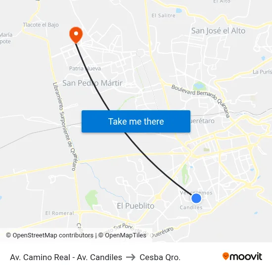 Av. Camino Real - Av. Candiles to Cesba Qro. map