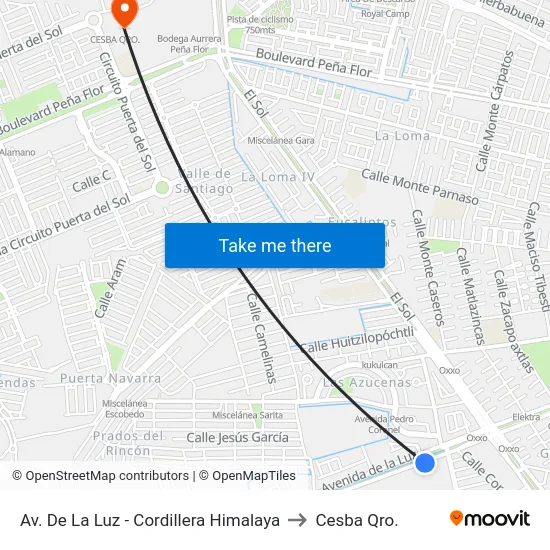 Av. De La Luz - Cordillera Himalaya to Cesba Qro. map