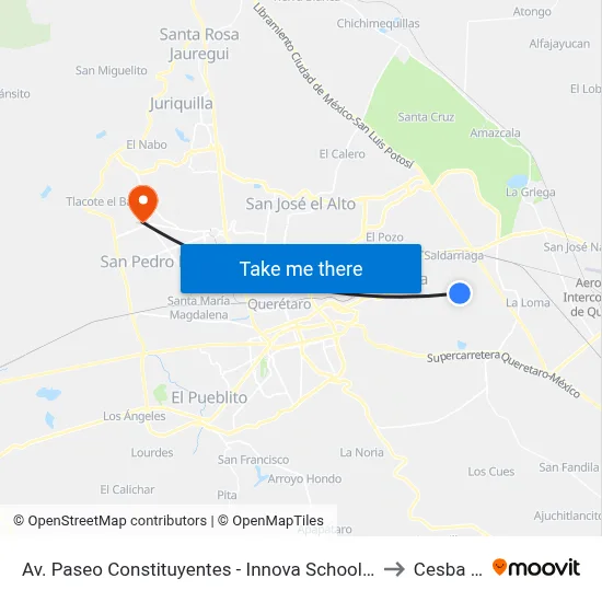 Av. Paseo Constituyentes - Innova Schools "El Marqués" to Cesba Qro. map
