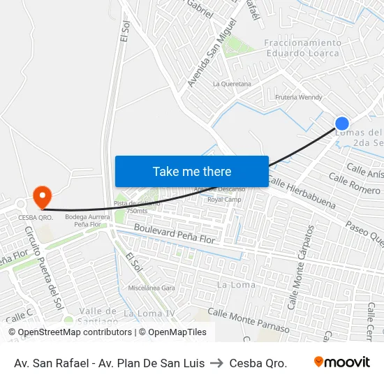 Av. San Rafael - Av. Plan De San Luis to Cesba Qro. map