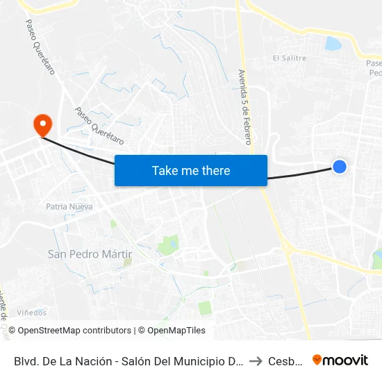 Blvd. De La Nación - Salón Del Municipio Del Estado De Querétaro to Cesba Qro. map