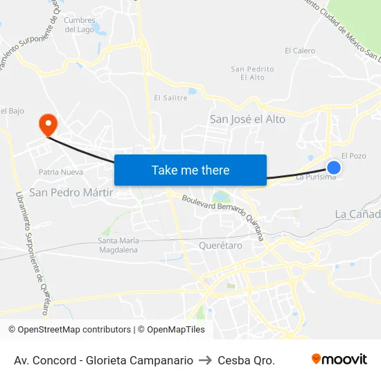 Av. Concord - Glorieta Campanario to Cesba Qro. map