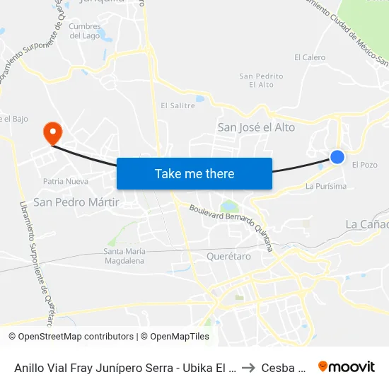 Anillo Vial Fray Junípero Serra - Ubika El Refugio to Cesba Qro. map