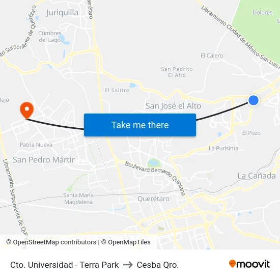 Cto. Universidad - Terra Park to Cesba Qro. map