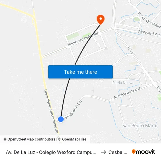 Av. De La Luz - Colegio Wexford Campus La Joya to Cesba Qro. map
