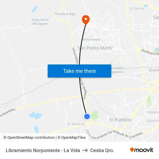 Libramiento Norponiente - La Vida to Cesba Qro. map