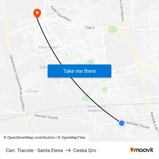 Carr. Tlacote - Santa Elena to Cesba Qro. map