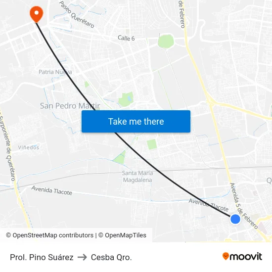 Prol. Pino Suárez to Cesba Qro. map
